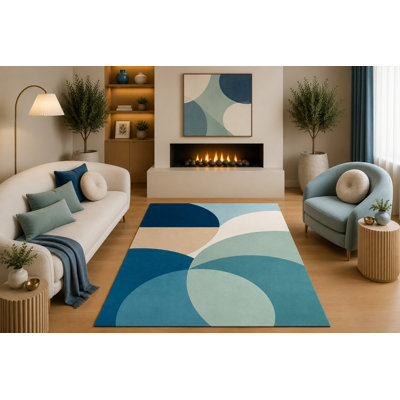 Tapis ultra-léger 152 x 213 cm (5 pi x 7 pi) de style moderne mi-siècle, bleu sarcelle et crème, motif géométrique abstrait incurvé, idéal pour le salon, la chambre, la salle à manger ou le bureau. Dos en silicone antidérapant, poils courts.