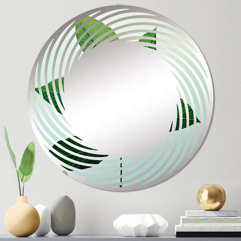 Green Elegance Leaves I - Miroir mural en spirale - MIR114738-Rond, 23,6 po x 23,6 po