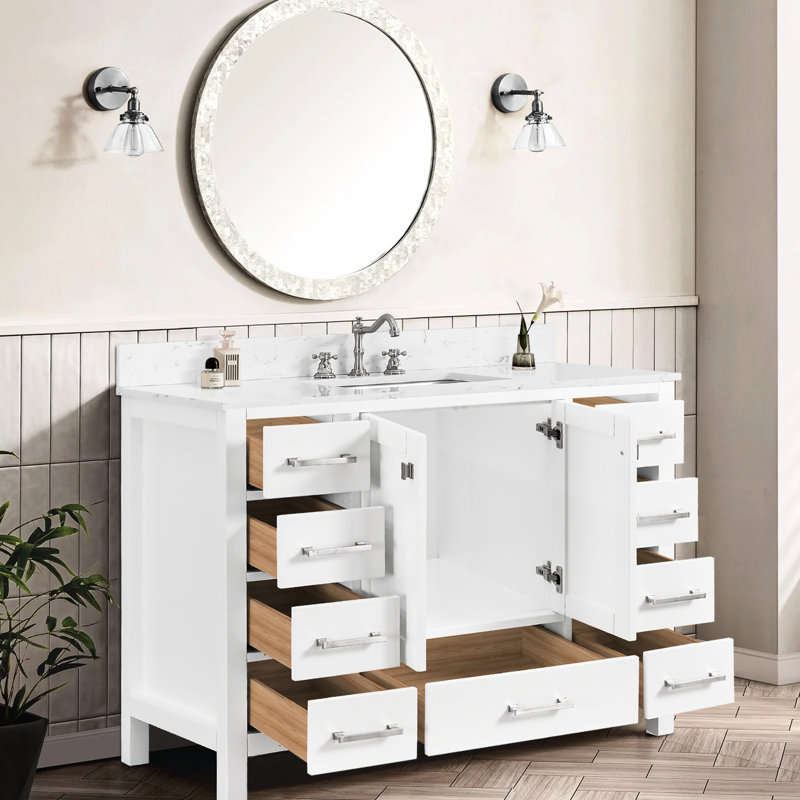 Meuble-lavabo de salle de bain de 122 cm avec lavabo, en bois massif, à fermeture amortie, léger et blanc. Armoire de rangement autoportante de 122 cm avec plateau coulissant.