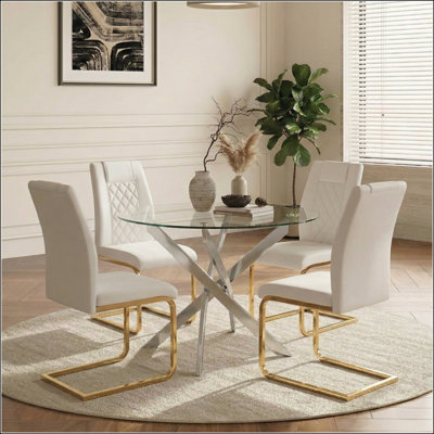 Ensemble de table ronde pour 4 personnes avec pieds dorés, plateau en verre trempé et chaises blanches confortables pour les cuisines et les salles à manger modernes