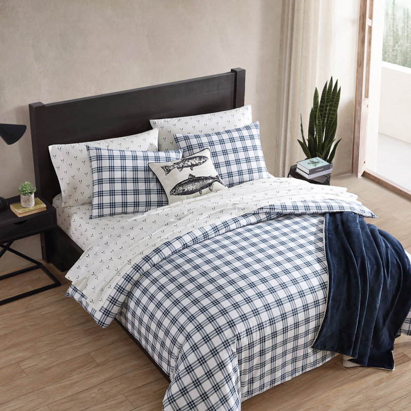 Navy Blue Plaid Cotton Full/Queen Duvet Set with Shams