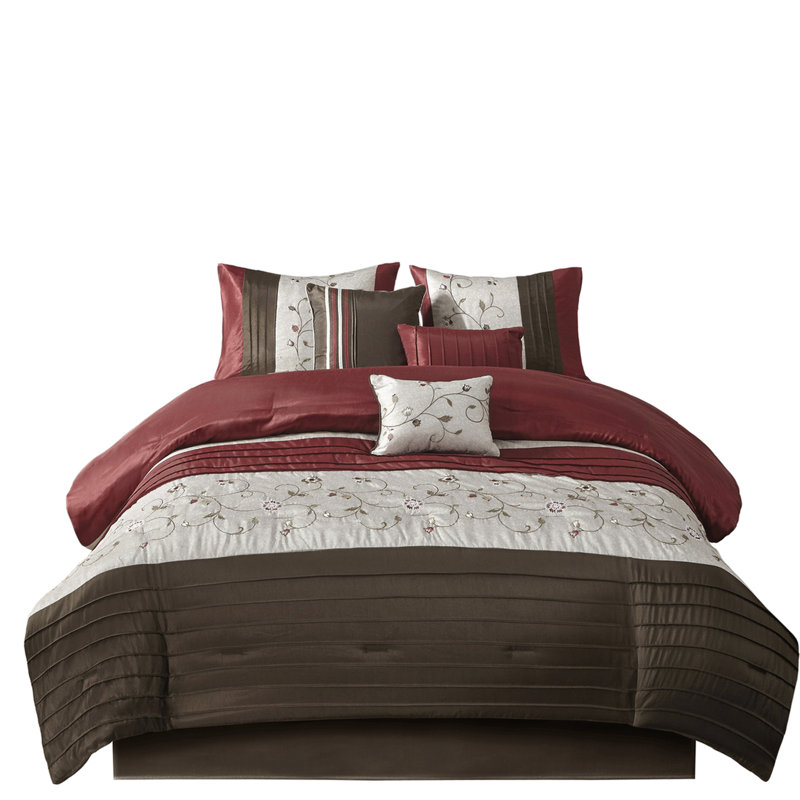 Édredon rouge 7 pièces - Ornement brodé, 2 taies décoratives, 3 coussins décoratifs, 1 jupe de lit lavable à la machine