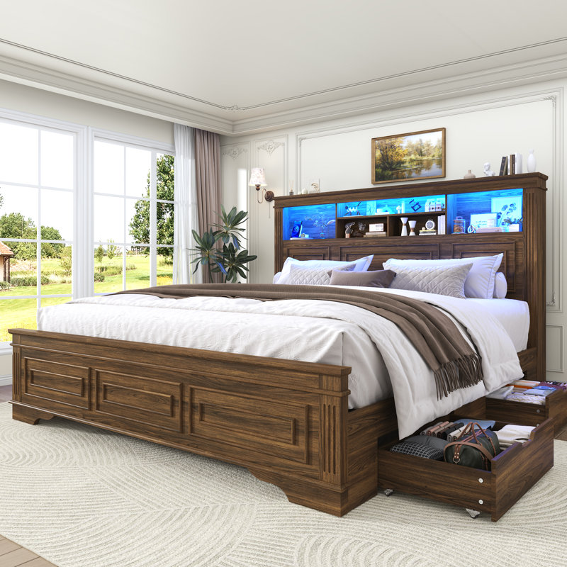 Farmhouse King Size Bed Frame With 51" Tall Storage Headboard & 4 Drawers, Wooden Bed Frame King Size with LED Light, Charging Station, No Spring Needed