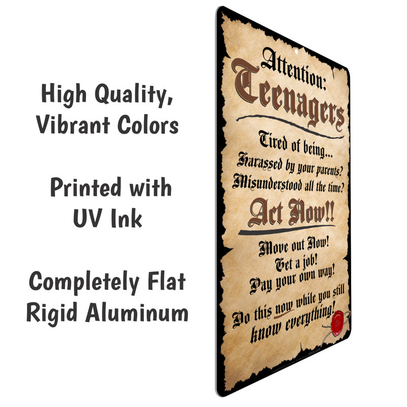 Funny Attention Teenagers Aluminum 8x12 Sign
