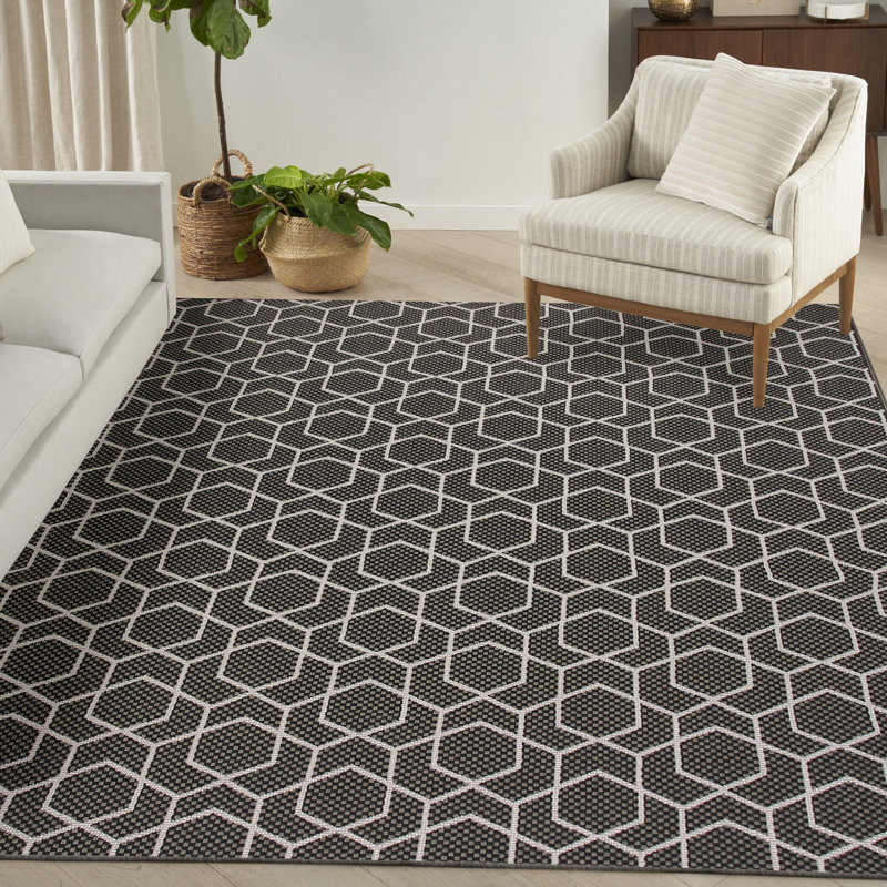 Tapis intérieur / extérieur moderne Reidy, Rectangulaire 8 pi x 10 pi, Noir