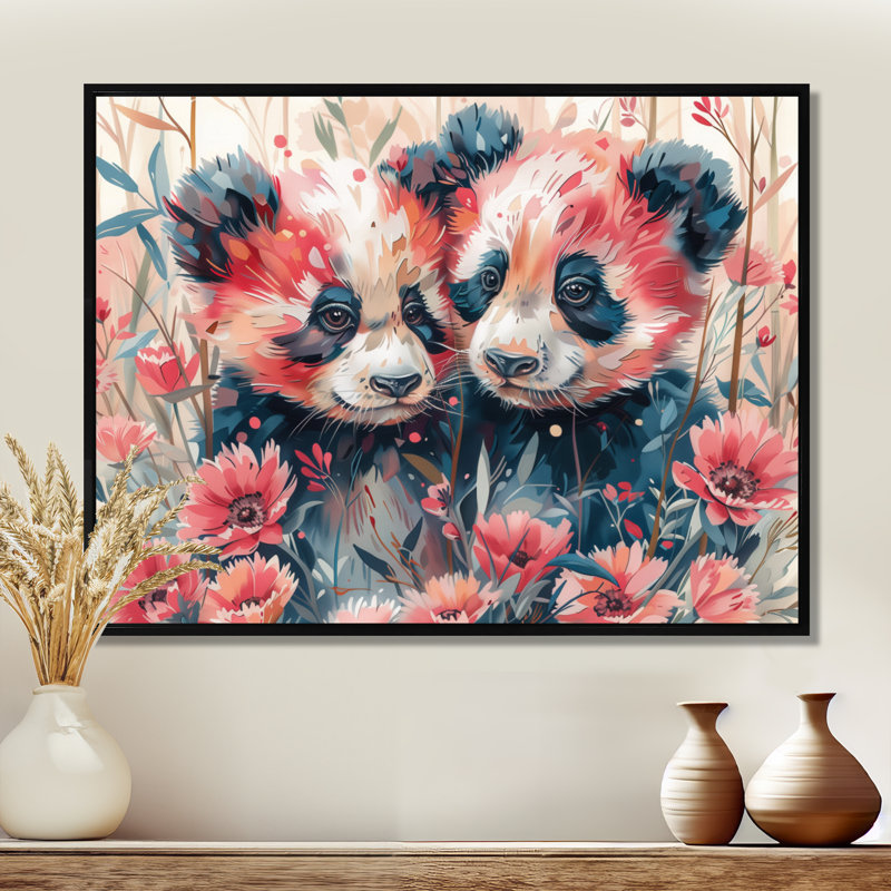 Rose et noir, Pandas, prairie I - Panda, art mural, H 12 po x l 20 po, Cadre noir