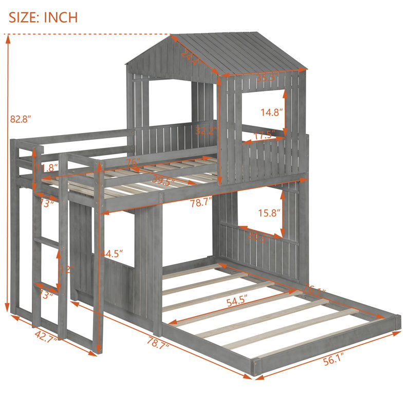 Sage Twin Over Full House Bunk Bed Frame with Playhouse Roof, Windows and Reversible Ladder, Gray