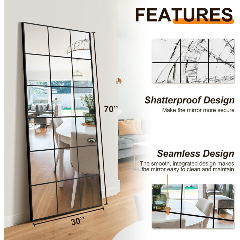 Full Length Mirror, 30"X 70" Window Pane Decorative Mirror For Wall, Black Metal Framed Wall Decor, Wall Mounted, Hanging Or Leaning For Bedroom, Living Room, Entryway