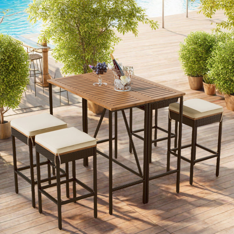 5-piece Outdoor Dining Table Sets Included 1 Foldable Table And Four Stools With Cushions