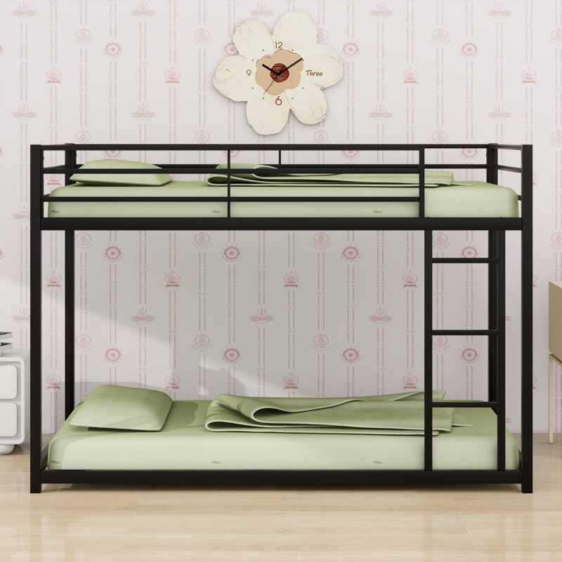 Metal Low Bunk Bed With Ladder, Black