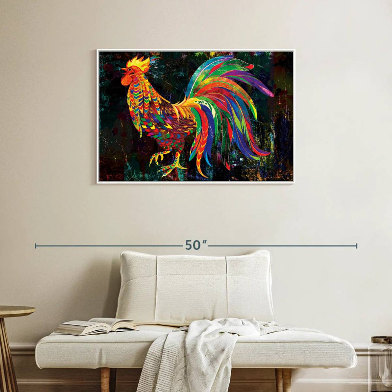 Coq abstrait multicolore, Cadre flottant blanc, 37 po x 25 po