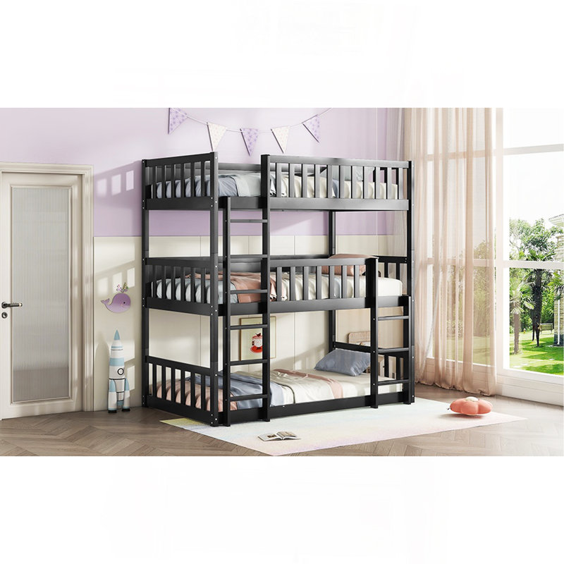 Twin Size Triple Rubber Wood Bunk Bed, With Ladders, Guardrails Detachable Bunk Bed, Twin Over Twin Over Twin,,Black, Black