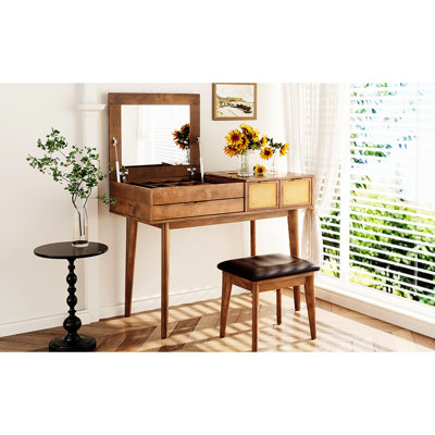 Brown Wood Dressing Vanity Table With Flip-Top Mirror & Stool, Three Drawers For Delicate Makeup Corner Solid Mirror, Stool And Exquisite Setup