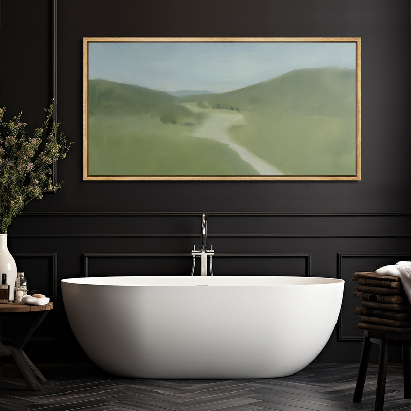 «Soft Green Valley Landscape with Winding Path Minimal Nature Scene», reproduction d'art sur toile encadrée, Naturel