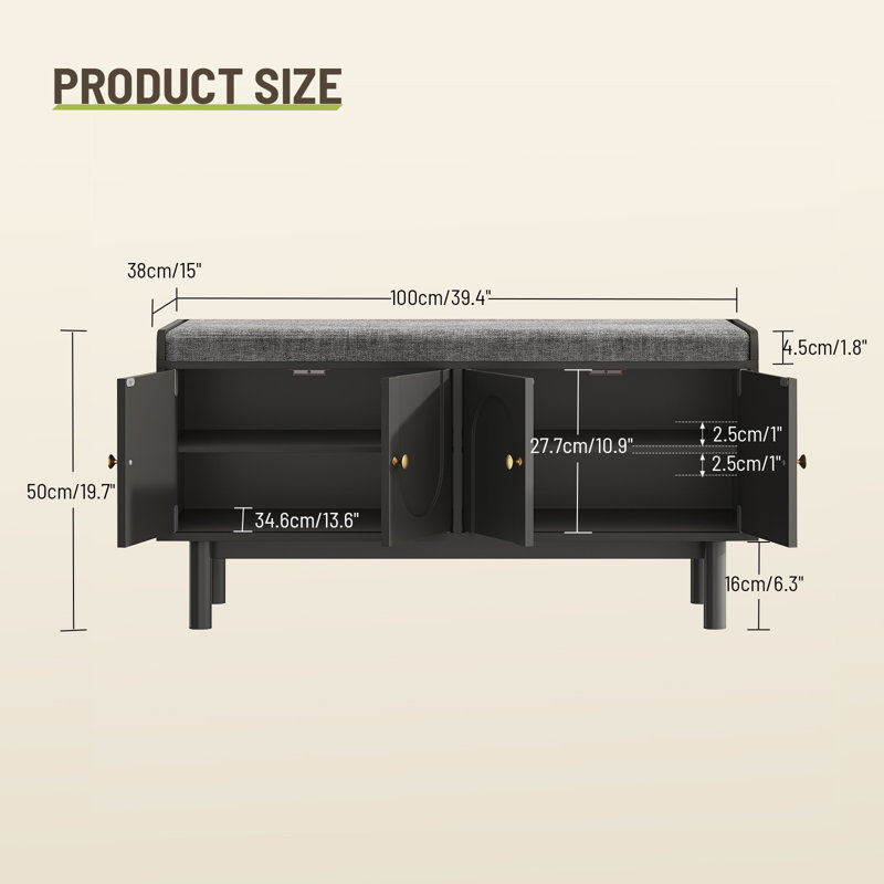 Shoe Storage Bench with Removable Cushion, Shoe Bench with  Adjustable Shelf for Entryway, Black