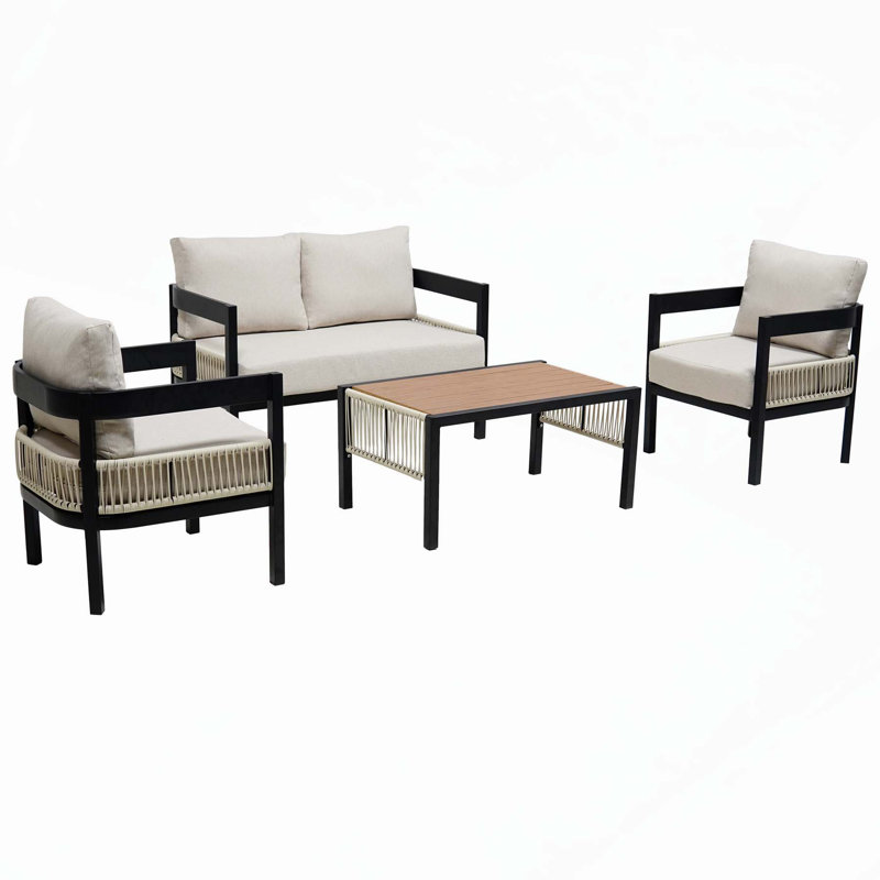 Outdoor Iron Sofa Set with Waterproof Rattan and Sturdy Construction for Gardens, Beige