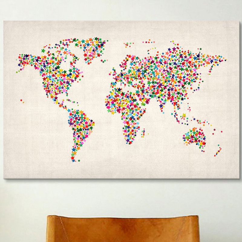 « stars world map », impression sur toile beige, H 41 po x l 61 po x P 1,5 po, Pas de tapis, Toile tendue