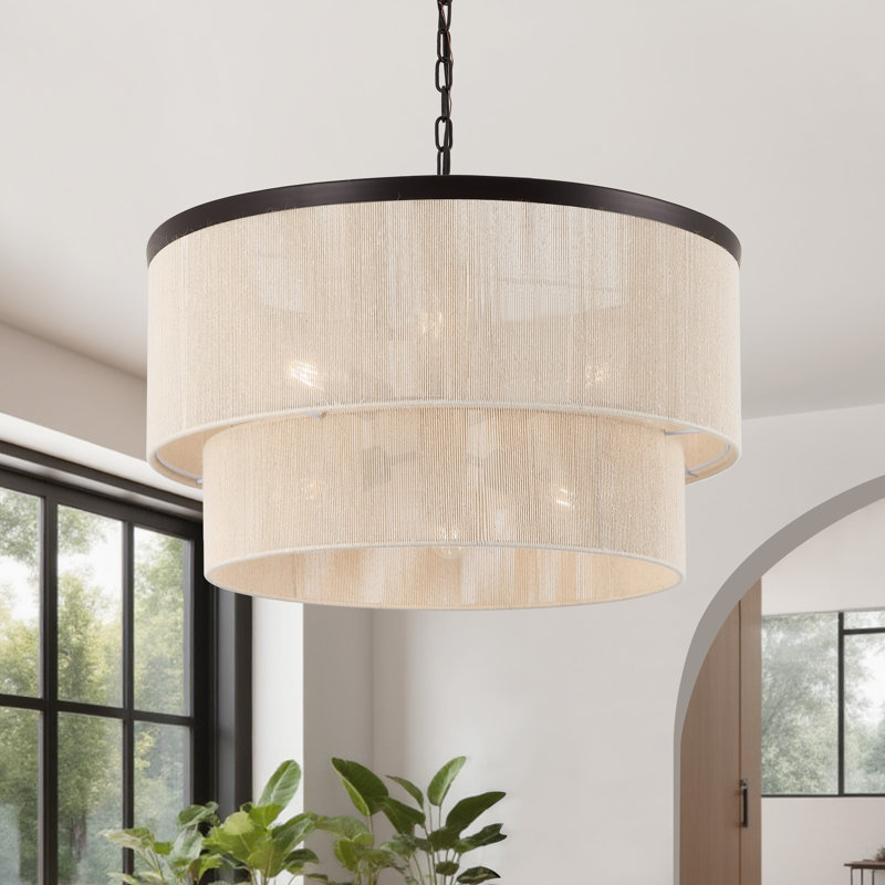 24" 6-Light Dimmable Drum Chandelier, Bronze, Beige