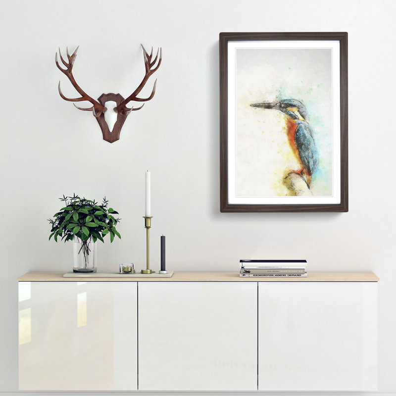 Perched Kingfisher in Abstract - Picture Frame Painting Print, 36cm H x 27cm W x 2cm D, Walnut Framed