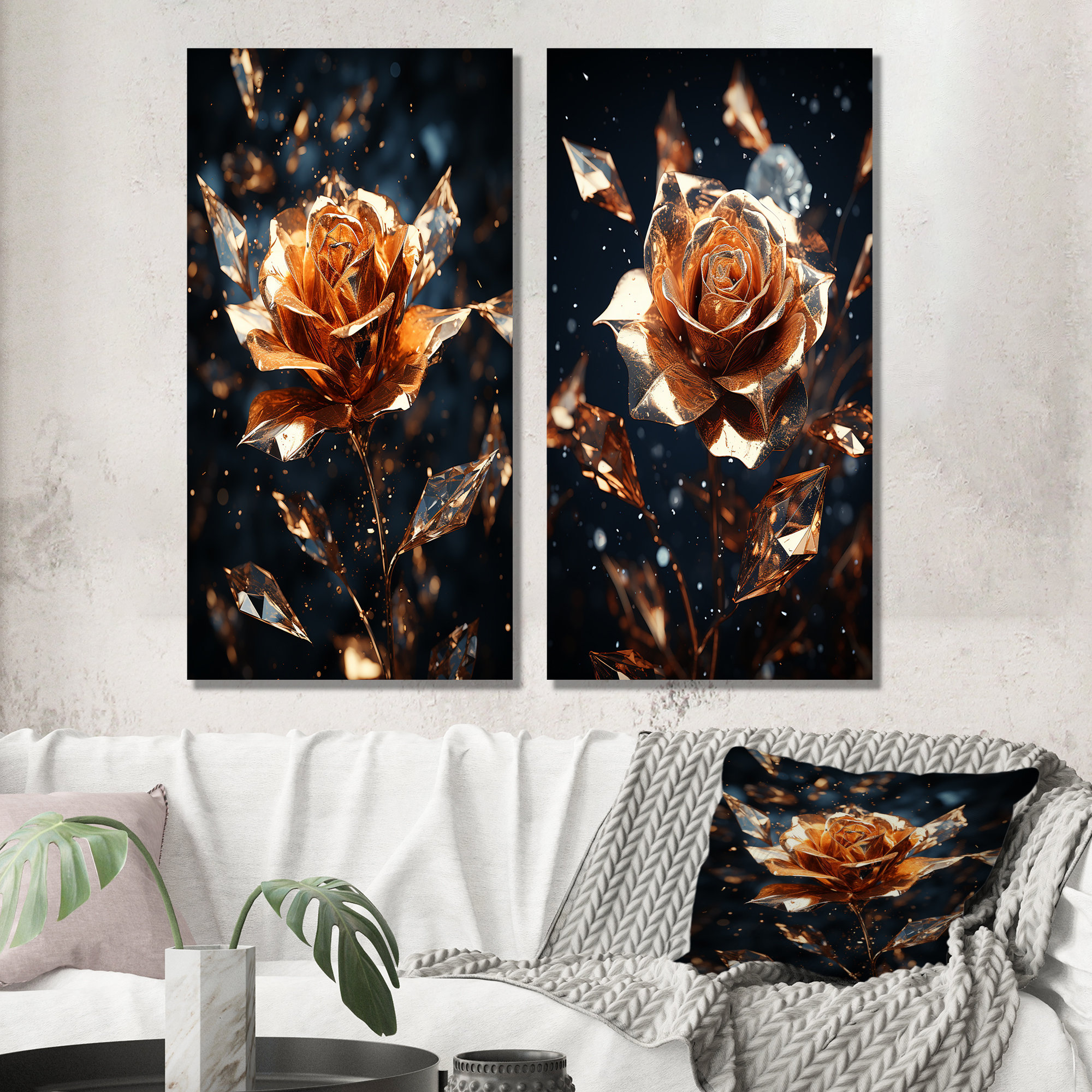 Mercer41 Gilded Gold And Black Rose Flowers I - Rose Metal Wall Art ...