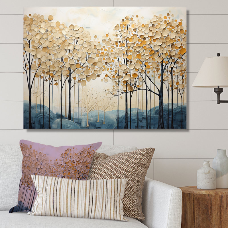 Minimalisme, arbres dorés et bleus scène IV - arbres, art mural, Toile tendue, H 30 po x l 40 po x P 1,5 po