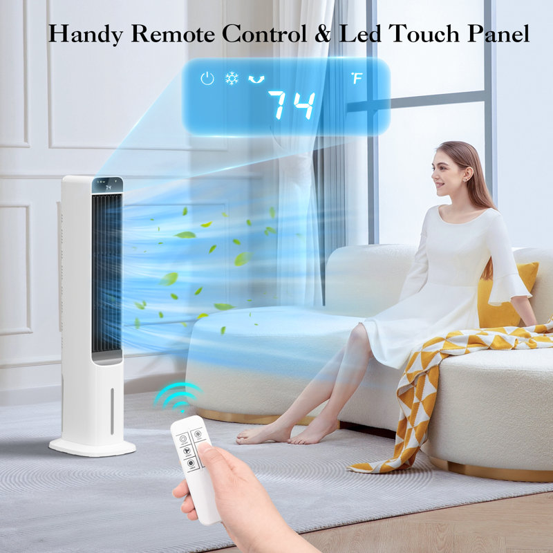Refroidisseur d'air par évaporation LifePlus, ventilateur de climatiseur portatif 3 en 1 avec télécommande, refroidisseur de marais avec remplissage d'eau supérieur et inférieur, oscillation de 50 °, 3 vitesses et 3 types de vent pour la pièce