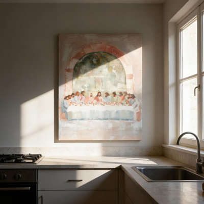Modern Abstract The Last Supper Canvas Wall Art - Religious Christian Painting Picture Wall Decor, Soft Pastel Tone Poster Prints Artwork for Church, Dining Room Living Room Kitchen 16x24Inch
