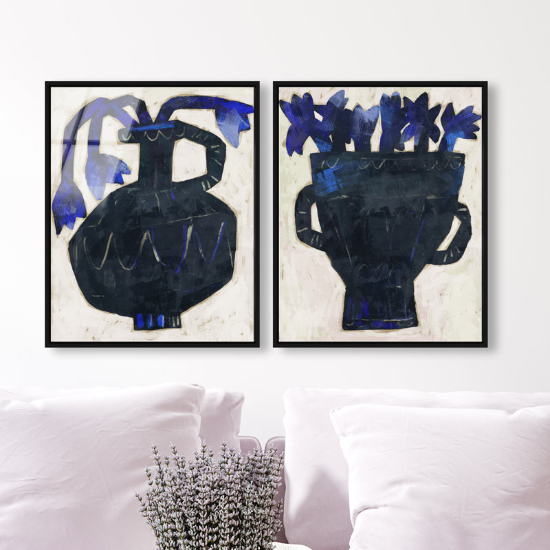 Indigo Vases Set Set by Oliver Gal, 62"H x 50"W, Black Floater Frame