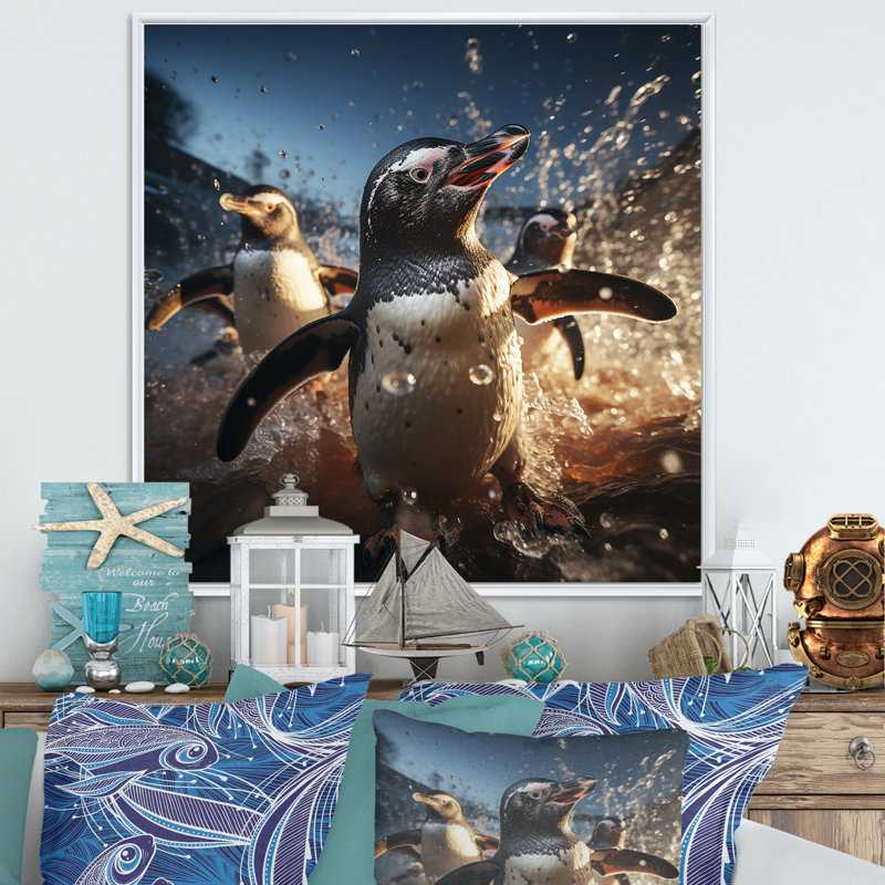 Valse pingouin aquatique ludique, Cadre flottant blanc, H 16 po x l 16 po