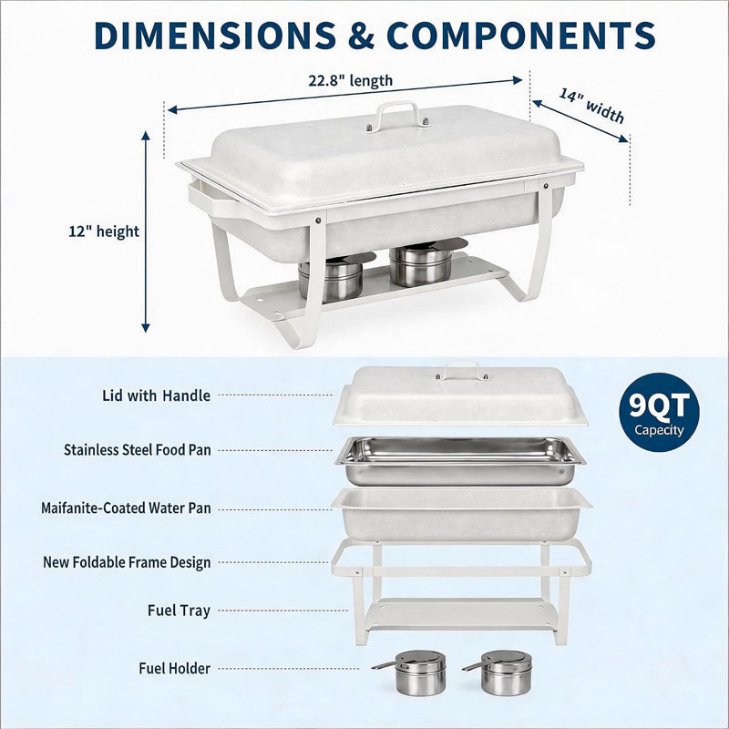 Ensemble de 5 chauffe-plats blancs 9 QT pour buffet, avec revêtement anti-traces de doigts et design empilable, idéal pour la restauration et l'usage domestique.