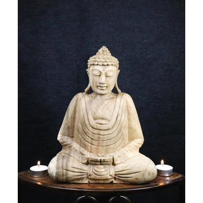 Acacia Wood Meditating Buddha Gautama Amitabha In Prayer Zen Sculpture 10.75"H
