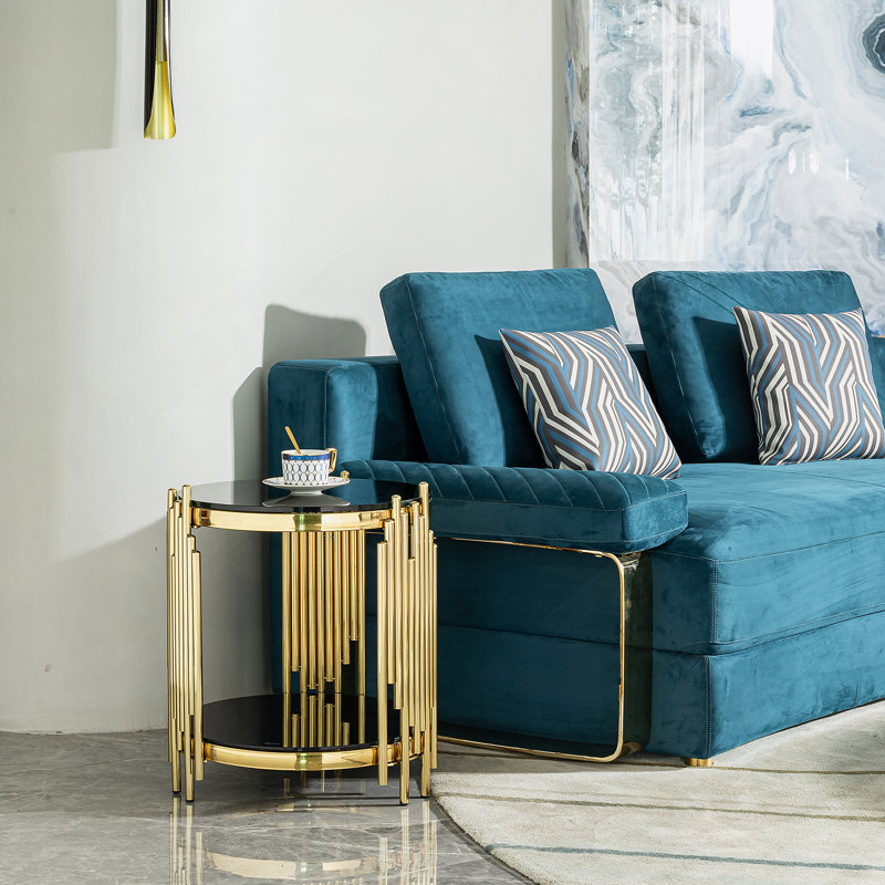 table d'appoint en verre trempé noir double couche table d'angle table d'appoint ronde en acier inoxydable doré pour le salon