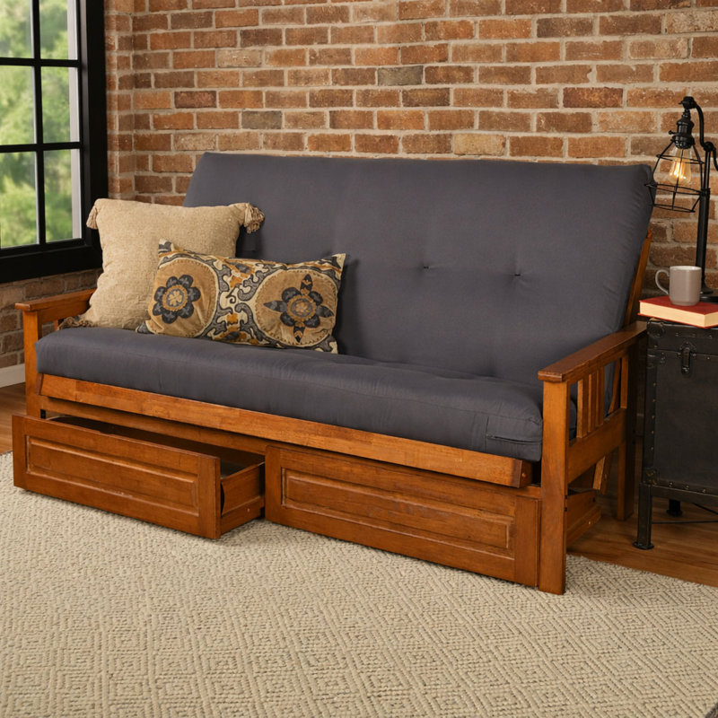 Stratford Full Futon Frame Includes Storage Drawers with Mattress, Barbados, Gray Polyester