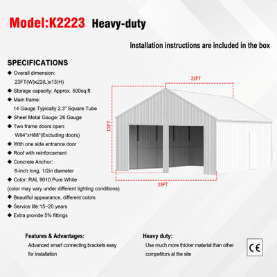 Remise de grange en acier robuste 22 pi x 23 pi pour un rangement fiable des véhicules et de l'équipement, garage en métal durable et résistant aux intempéries