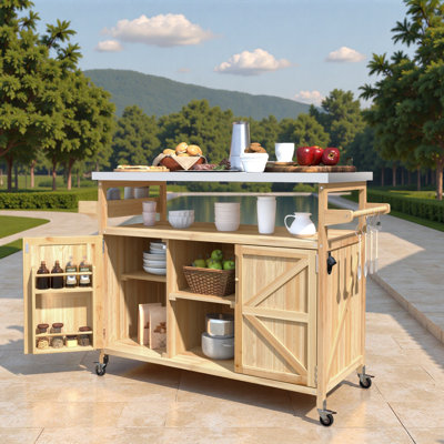 Outdoor Kitchen Island With Storage Cabinet, Stainless Steel Top, Spice Rack And Towel Rack