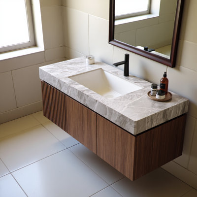 48" Bathroom Vanity With Sink, Wall-mounted Plywood Bathroom Storage Cabinet With Drawer And Doors, Light Gray Sintered Stone Countertop & Ceramic Basin, Pre-assembled, Brown Oak Woodgrain Color