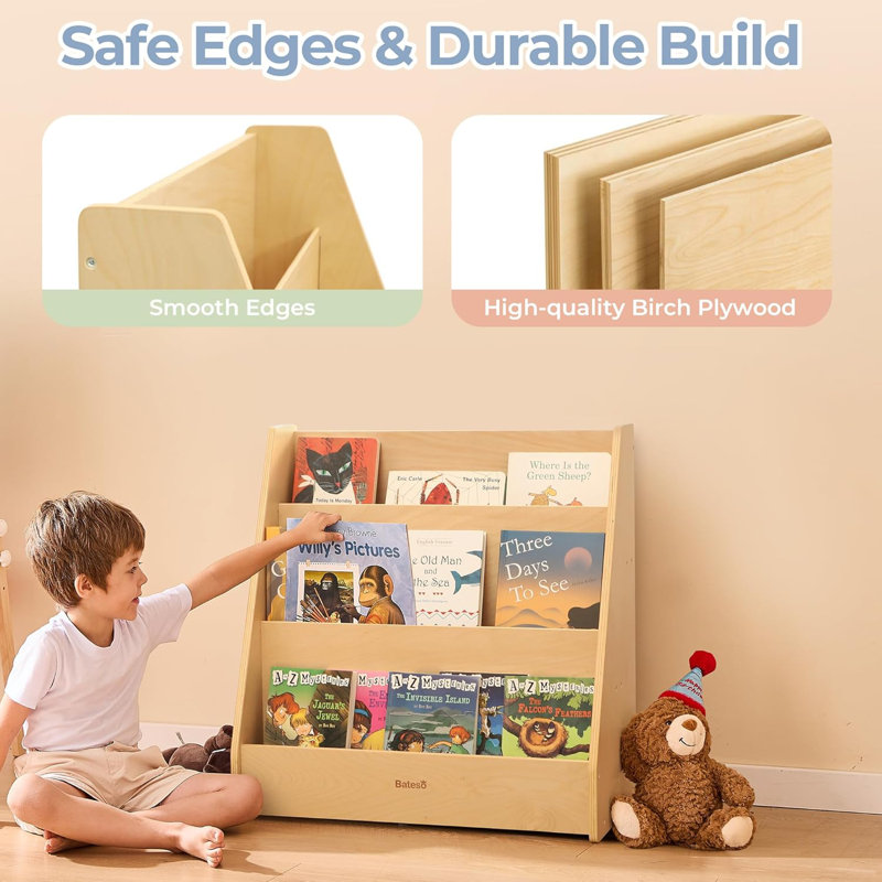 Medium Single-Sided Bookshelf, 3-Tier Kids Bookshelf With Storage, Premium Wood Book Shelf For Kids Rooms, Magazine And Book Storage Rack, Montessori Shelf For Classrooms, Playrooms, Nursery