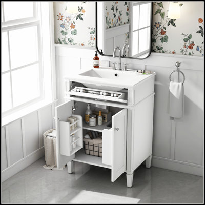 24 Inch Bathroom Vanity With Soft-Closing Doors, Organizers, And Ceramic Sink For Compact Spaces