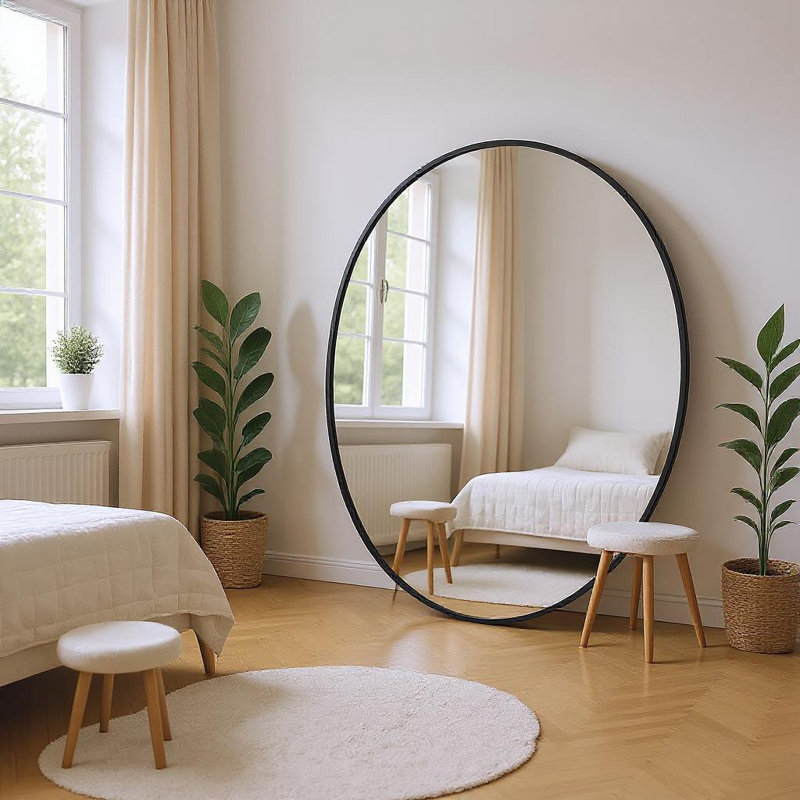 28" Round Black Metal Framed Wall Mirror for Bathroom & Living Room