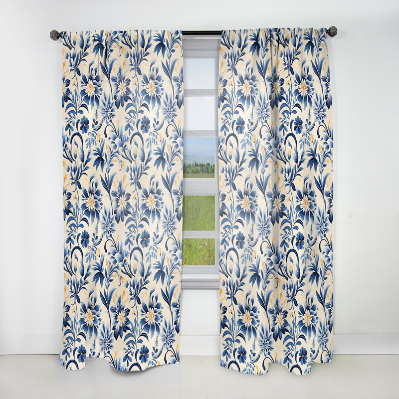 Blue And Beige Ethnographic Damask Floral Motif - Bohemian Curtain - Velvet Room Darkening - 1 Panel, 52" W x 90" L