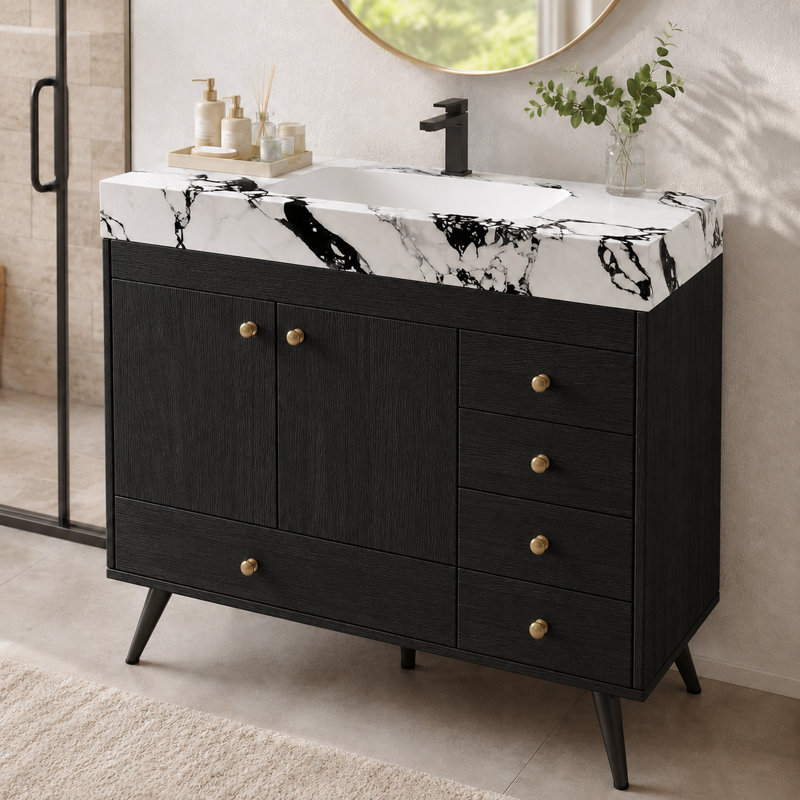 Meuble-lavabo autoportant de 91 cm (36 po) avec comptoir en pierre frittée, lavabo en céramique, 5 tiroirs et armoire à double porte