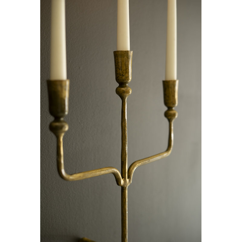 Kalalou Triple Taper Forged-Iron Wall Sconce – 19.5" Tall Antique Brass Candleholder