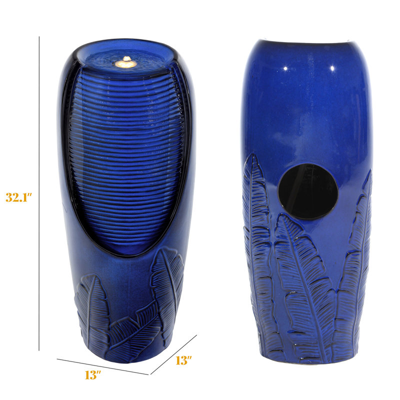 32" Ceramic Jar Outdoor Fountian, Weather-Resistant Floor Water Fountain with Light, Cobalt Blue