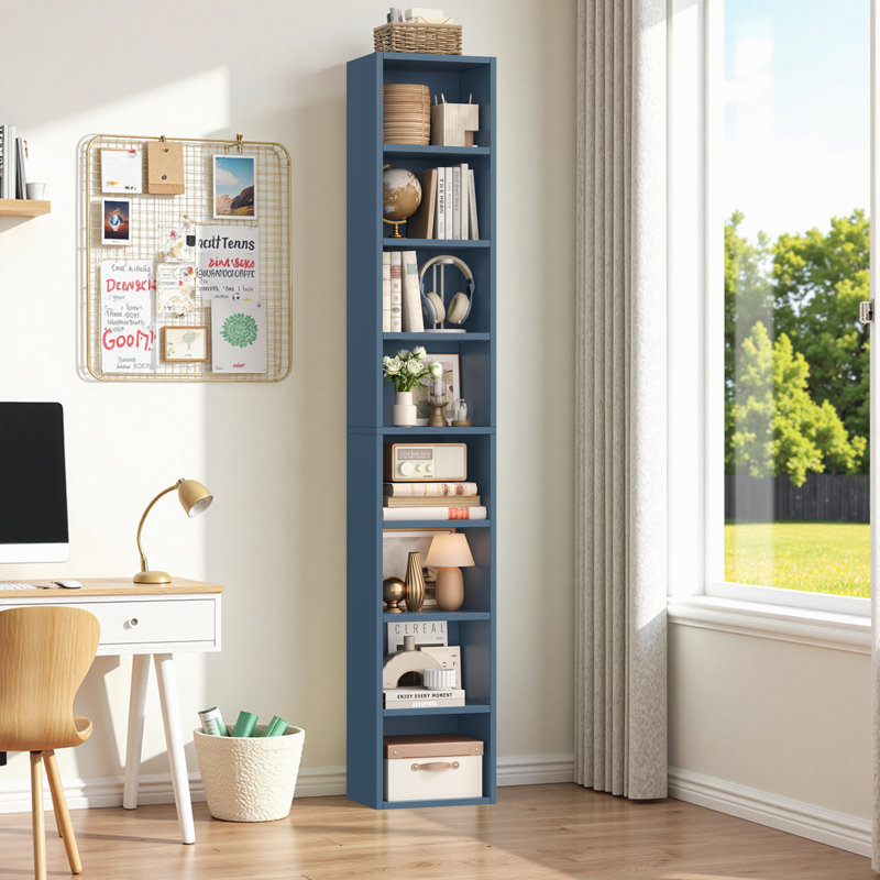 Gracyn 8-Tier Narrow Bookshelf With Adjustable Shelves, Blue, 1