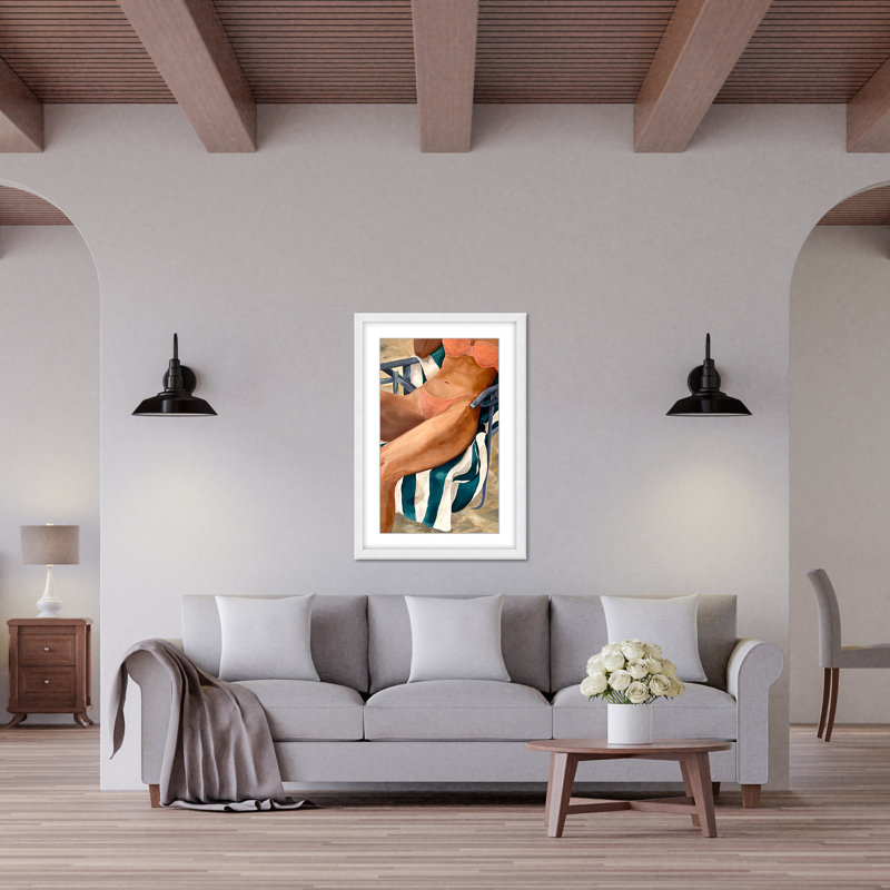 Coastal Retreat Riviera Retreat: Woman Lounging On Beach Towel And Chair, 48" H x 32" W