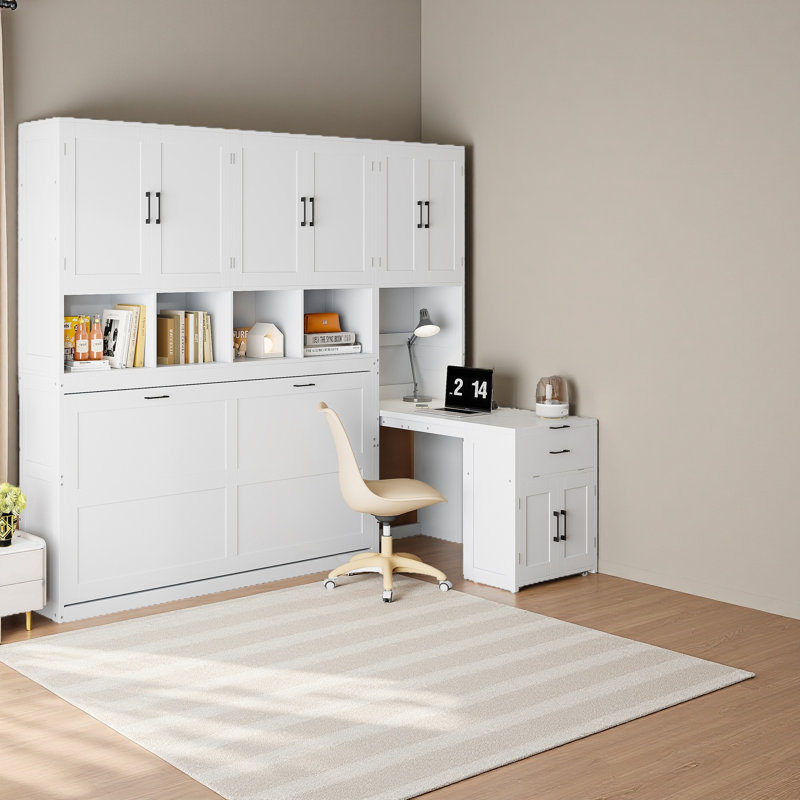 Lit escamotable simple avec placard, tiroirs et bureau, Blanc
