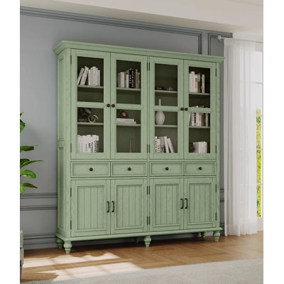 American-Style Country White Ash Wood Bookcase With Glass Doors And Green Color