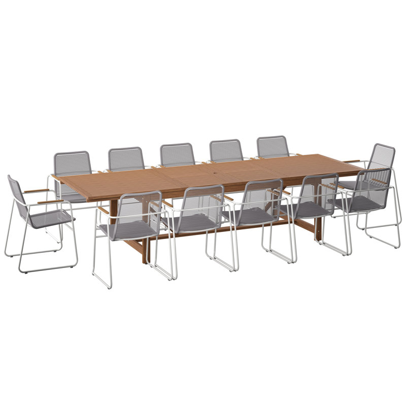Wayland 13-Piece Outdoor Rectangular Extendable Dining Table And Chairs Set | Teak Finish & Aluminum | Ideal For Patio, Light Brown Table