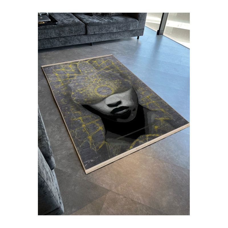 Tapis jaune lavable à motif abstrait sur fond jaune, Sous-tapis rectangulaire 2 pi 6 po x 4 pi 11 po