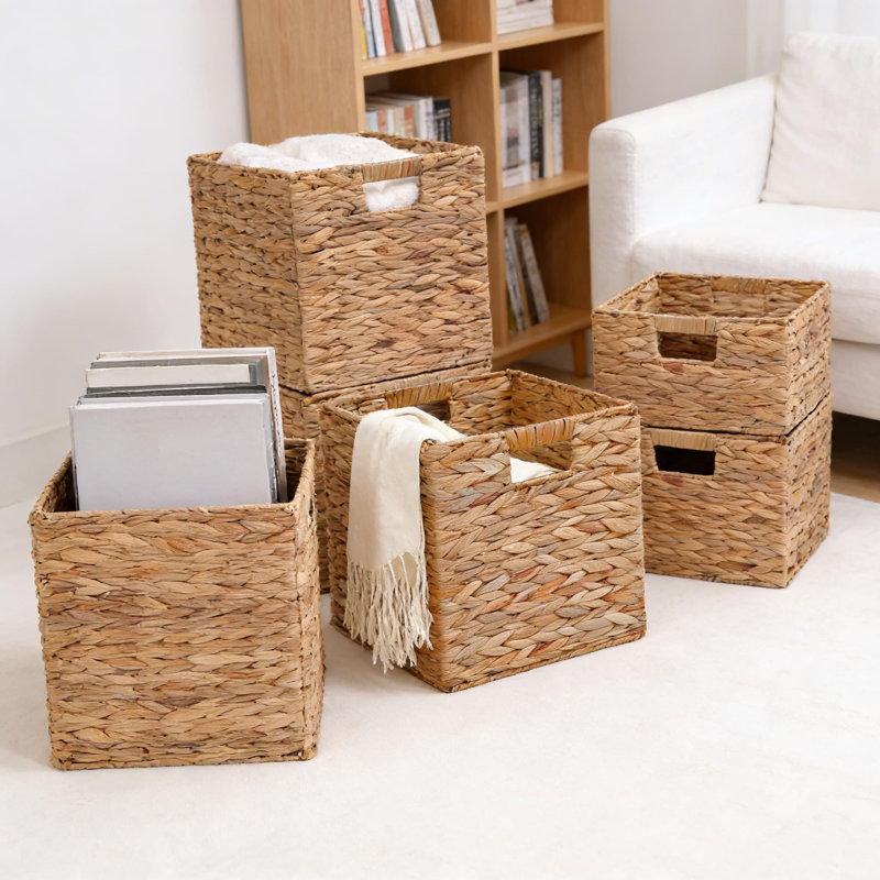 Handwoven Water Hyacinth Storage Baskets, Set Of 4 Collapsible Cube Bins For Shelves, Kitchen, Living Room, And Home Organization
